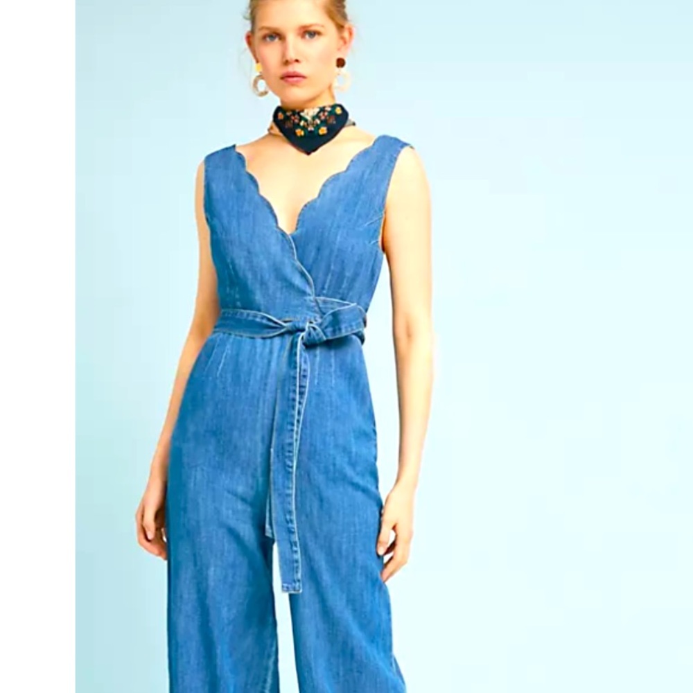 Anthropologie Pilcro and the Letterpress denim wrap front jumpsuit.
